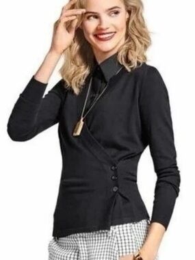Cabi Side Button Wrap Ballet Sweater Black Cotton Angora Size S V Neck Cardigan